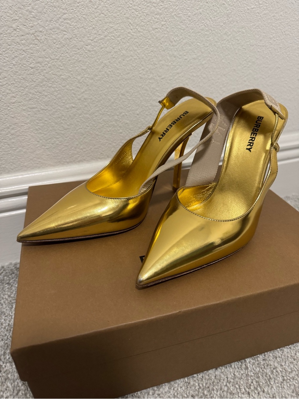 Burberry Metallic Gold Pointed Slingback Heels